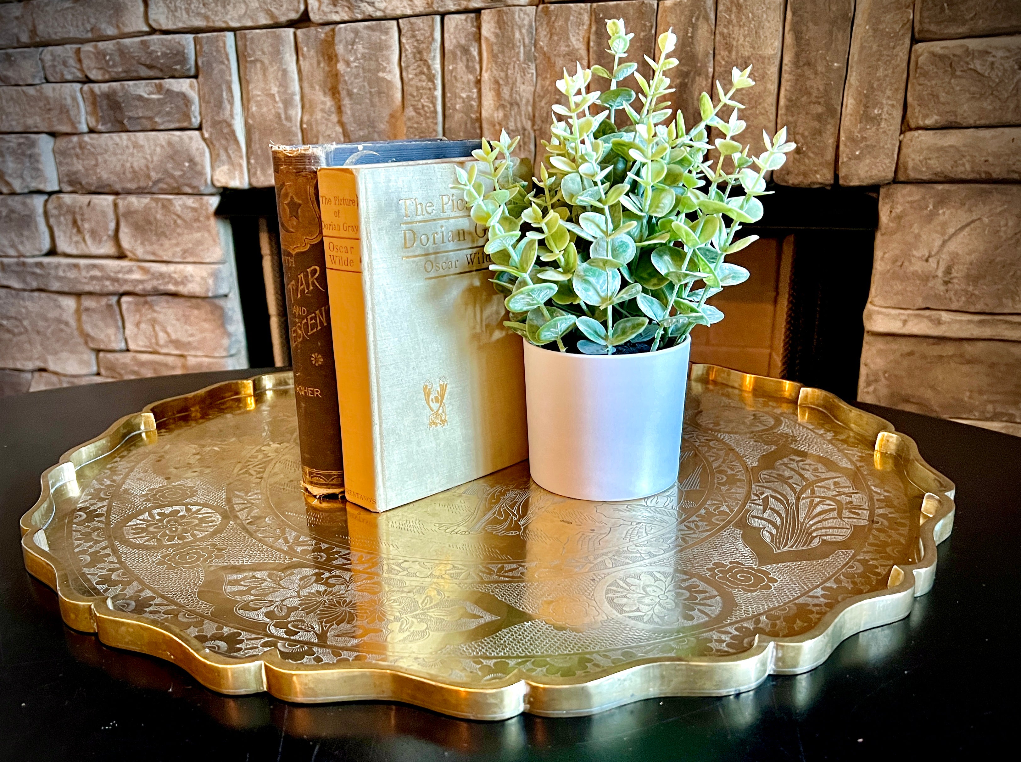 Chinese Hand-Engraved Antique 22" Brass Serving Tray
