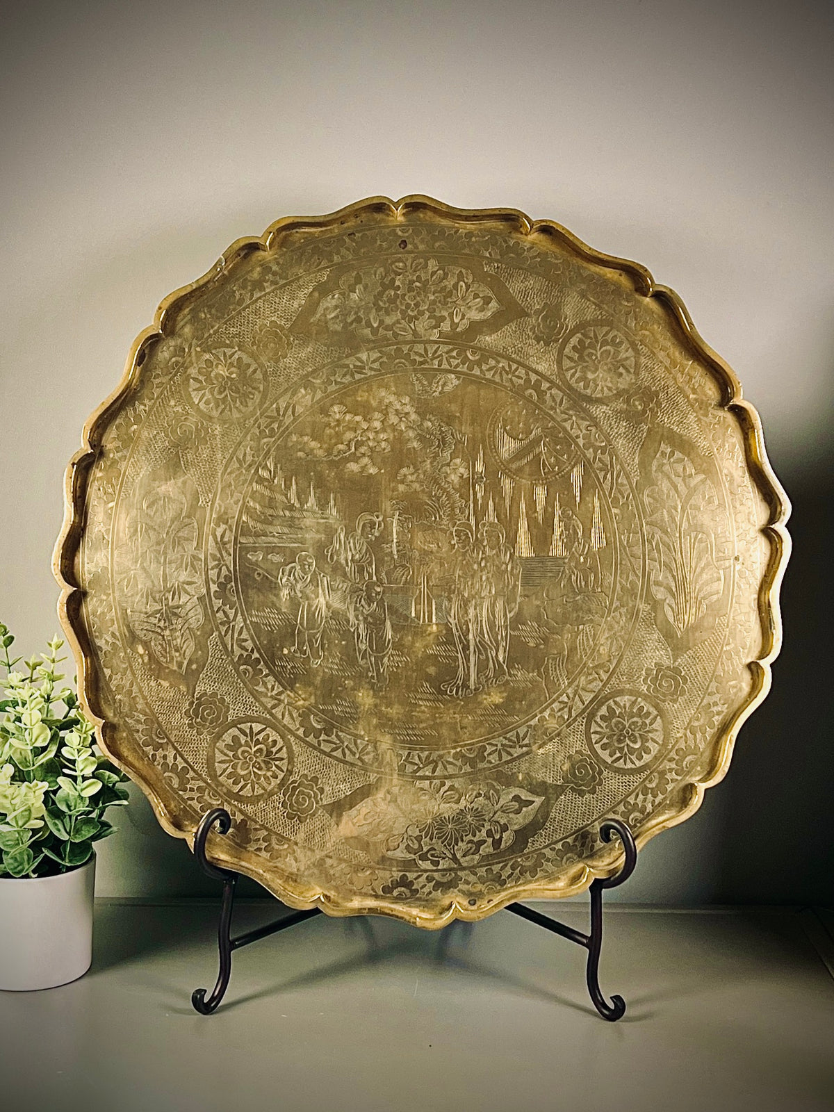 Chinese Hand-Engraved Antique 22" Brass Serving Tray