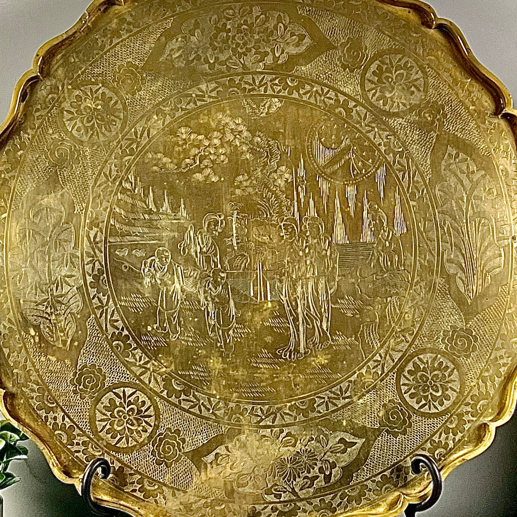 Chinese Hand-Engraved Antique 22" Brass Serving Tray