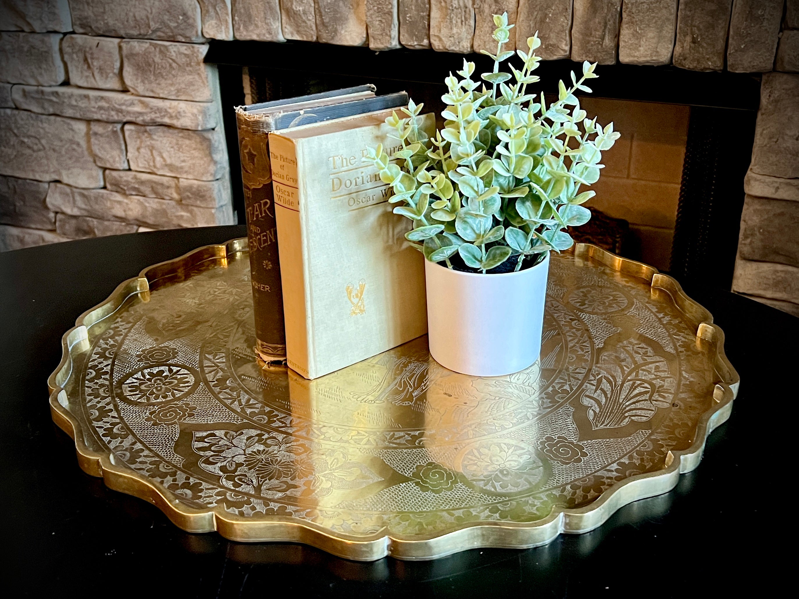 Chinese Hand-Engraved Antique 22" Brass Serving Tray