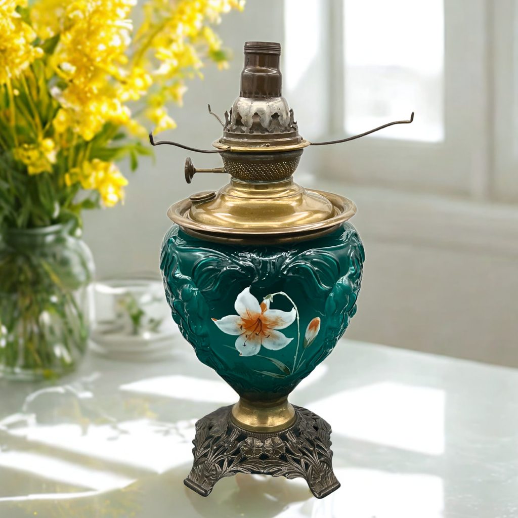 Antique Oil Lamp – Converted Oil Lamp with Emerald Green Glass & Hand-Painted Lily
