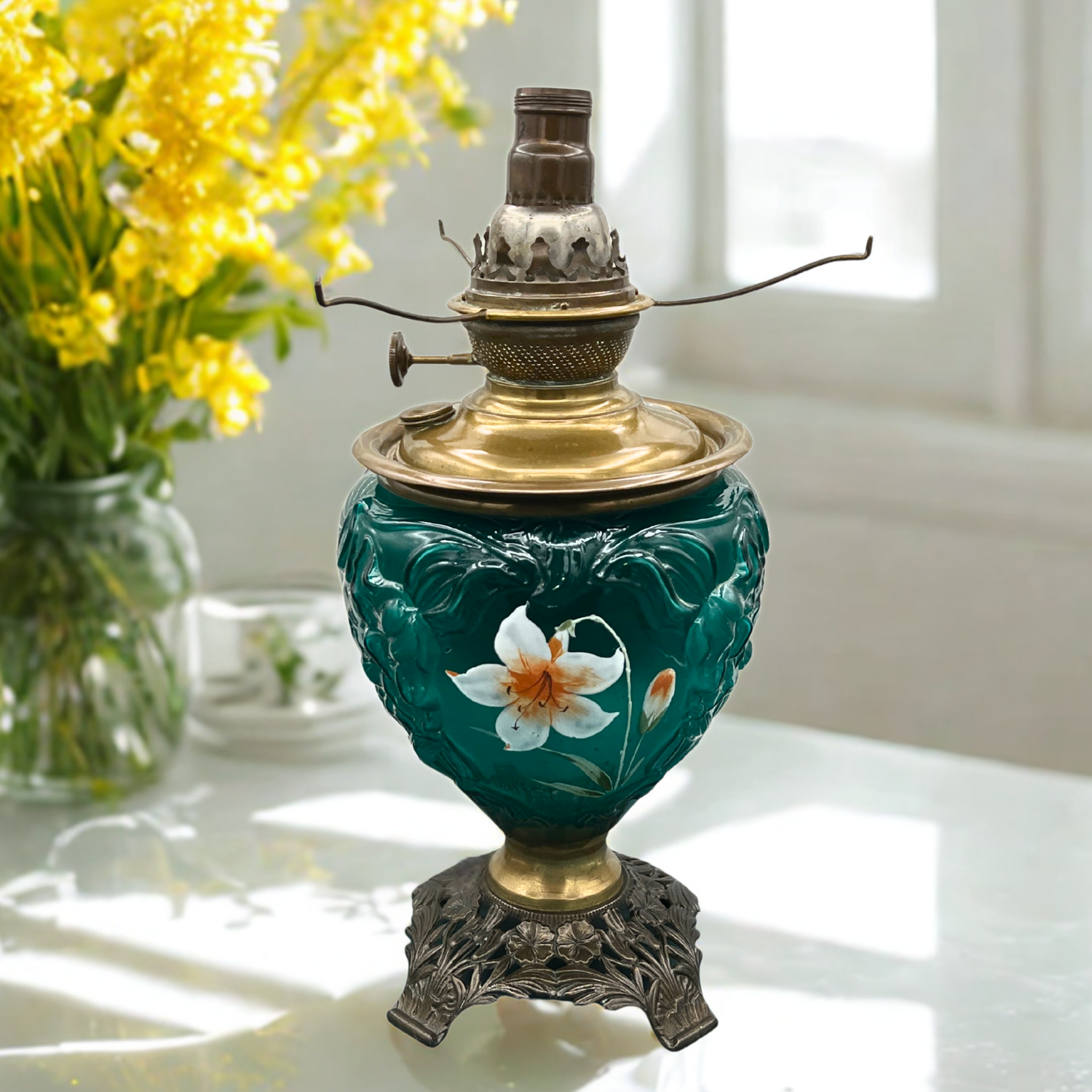 Antique Oil Lamp – Converted Oil Lamp with Emerald Green Glass & Hand-Painted Lily