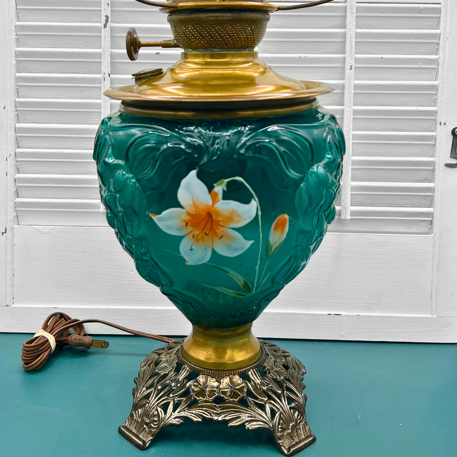 Antique Oil Lamp – Converted Oil Lamp with Emerald Green Glass & Hand-Painted Lily