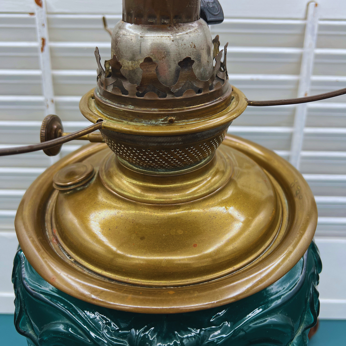 Antique Oil Lamp – Converted Oil Lamp with Emerald Green Glass & Hand-Painted Lily