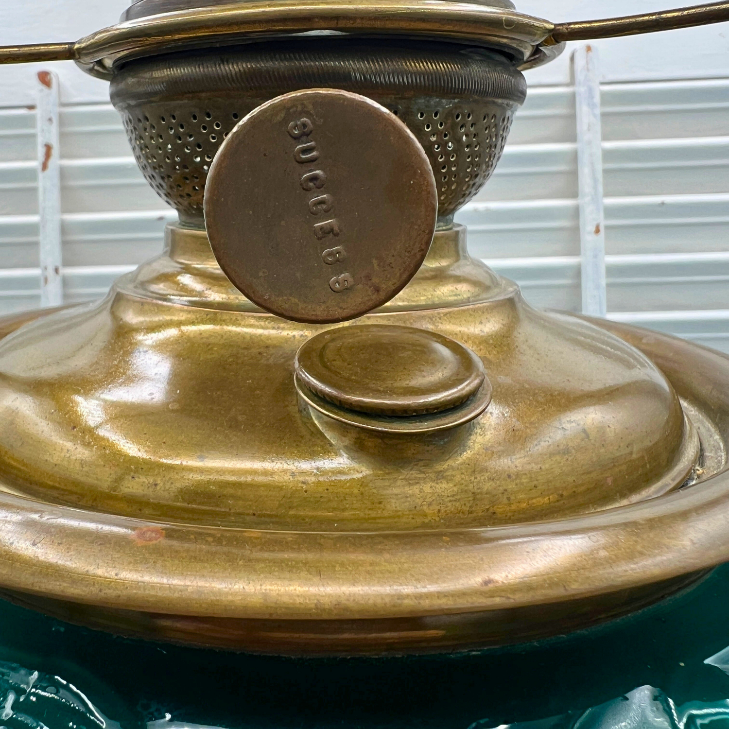 Antique Oil Lamp – Converted Oil Lamp with Emerald Green Glass & Hand-Painted Lily