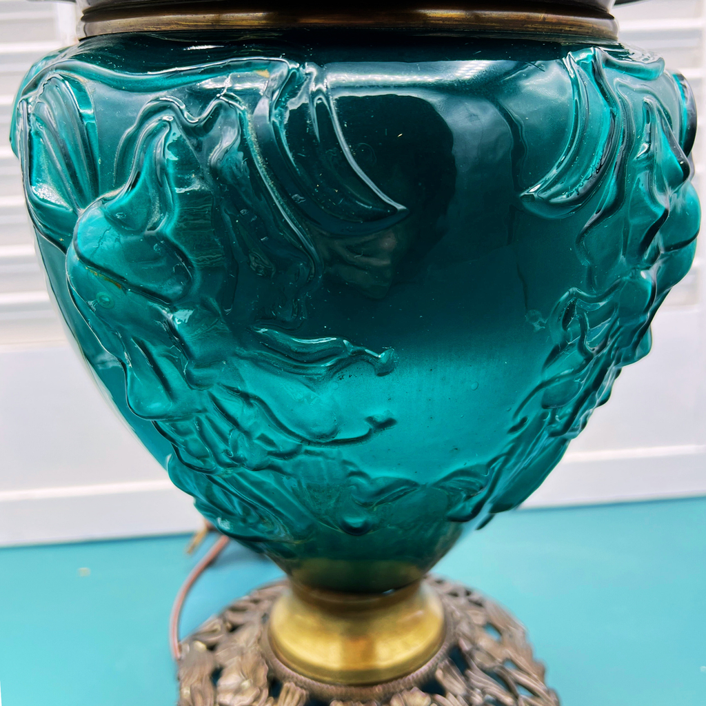 Antique Oil Lamp – Converted Oil Lamp with Emerald Green Glass & Hand-Painted Lily