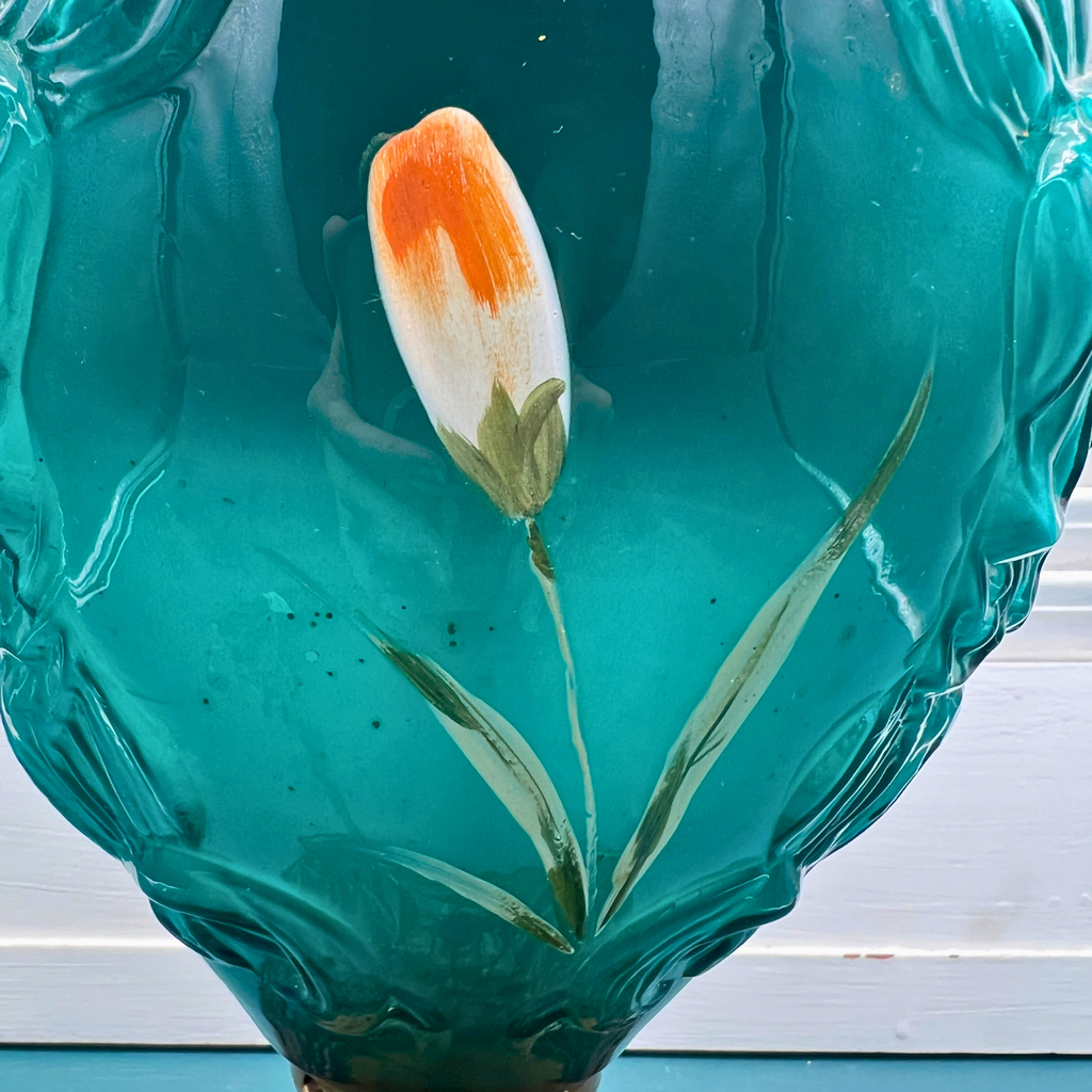 Antique Oil Lamp – Converted Oil Lamp with Emerald Green Glass & Hand-Painted Lily