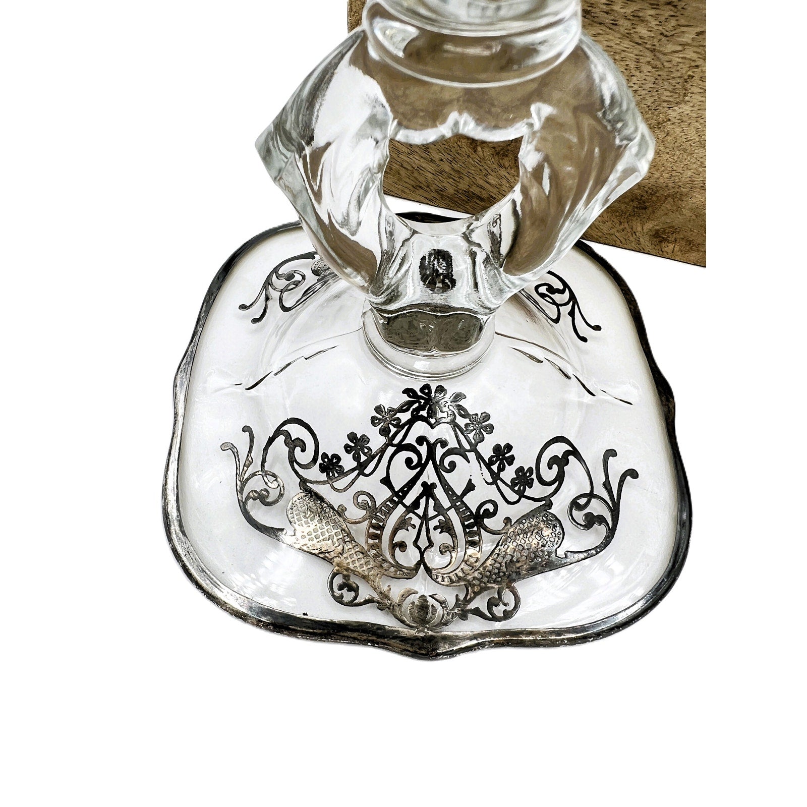Vintage Cambridge Keyhole Silver Overlay Glass Candlestick