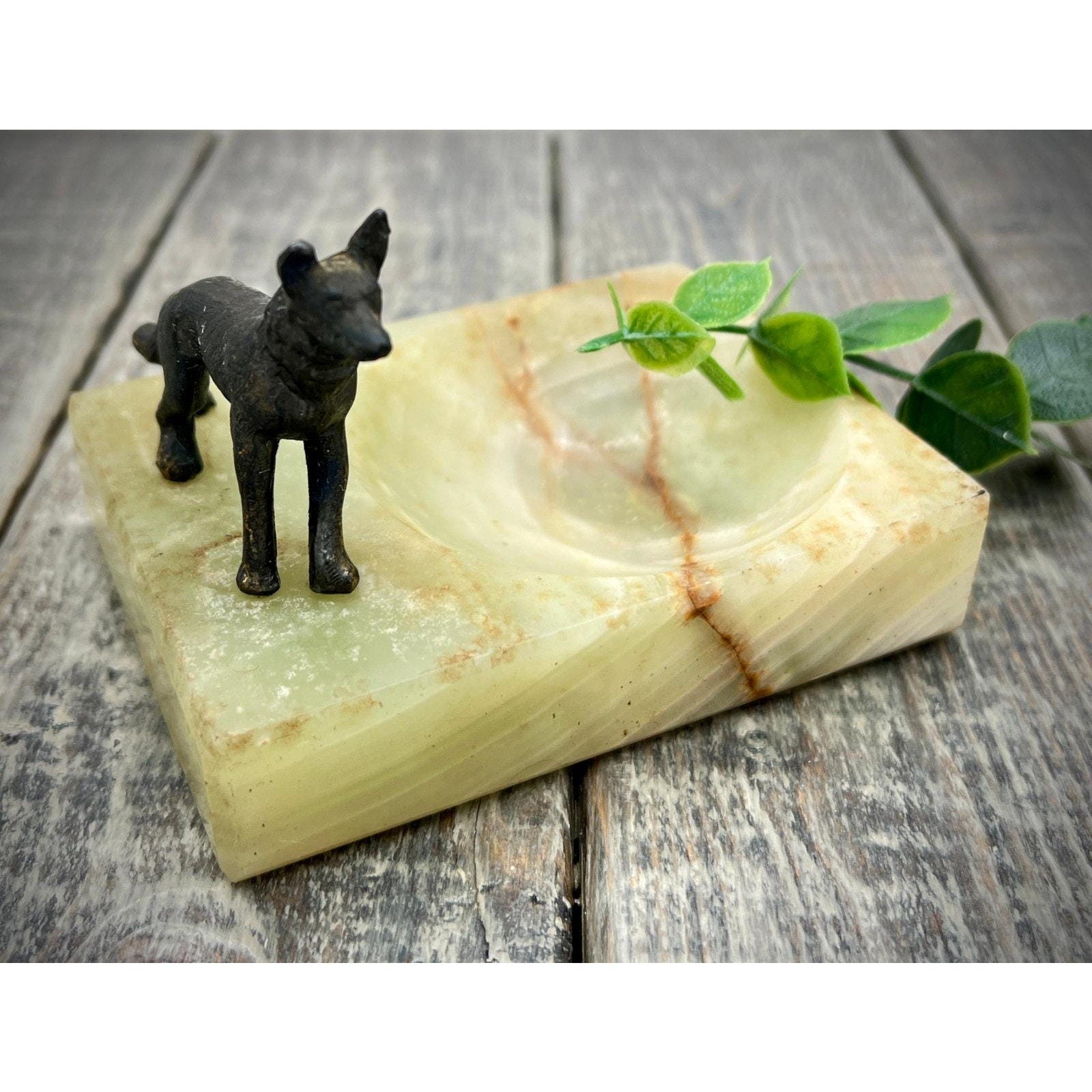 Vintage Brass Dog Figurine on Onyx Trinket Dish or Ashtray - Unique Decor