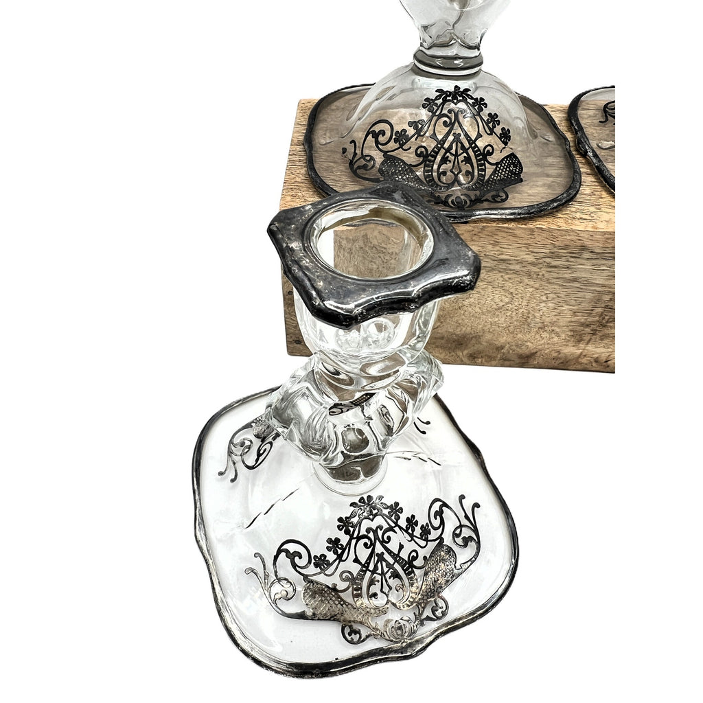 Vintage Cambridge Keyhole Silver Overlay Glass Candlestick