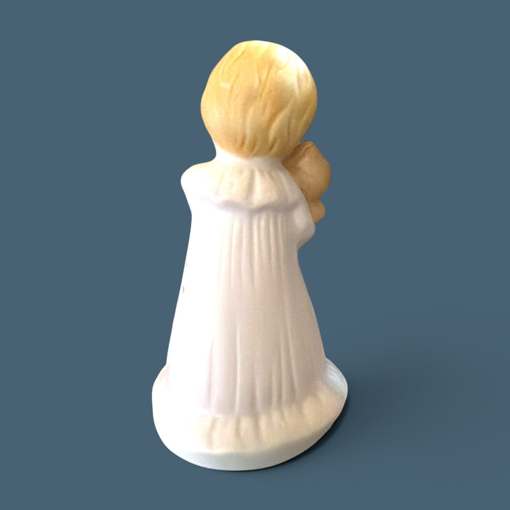Vintage Enesco Growing Up Girls Age 1 porcelain figurine showing a blonde toddler in a white dress holding a small brown teddy bear with a gold number one on her dress. - Photo 2