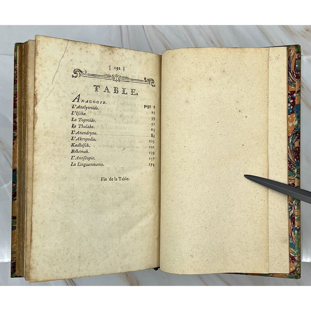 Errotika Biblion, de Mirabeau, 1783 first edition; open antique book with table of contents and marbled edges.