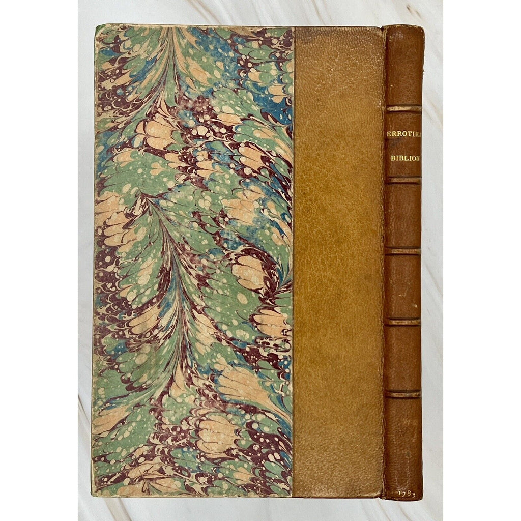 Errotika Biblion by Mirabeau, 1783 first edition, leather-bound with marbled boards, good condition.