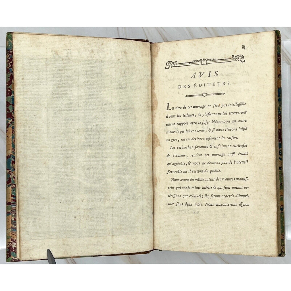 Open 1783 Errotika Biblion by Mirabeau, antique French erotica, editors' notice page, marbled cover.