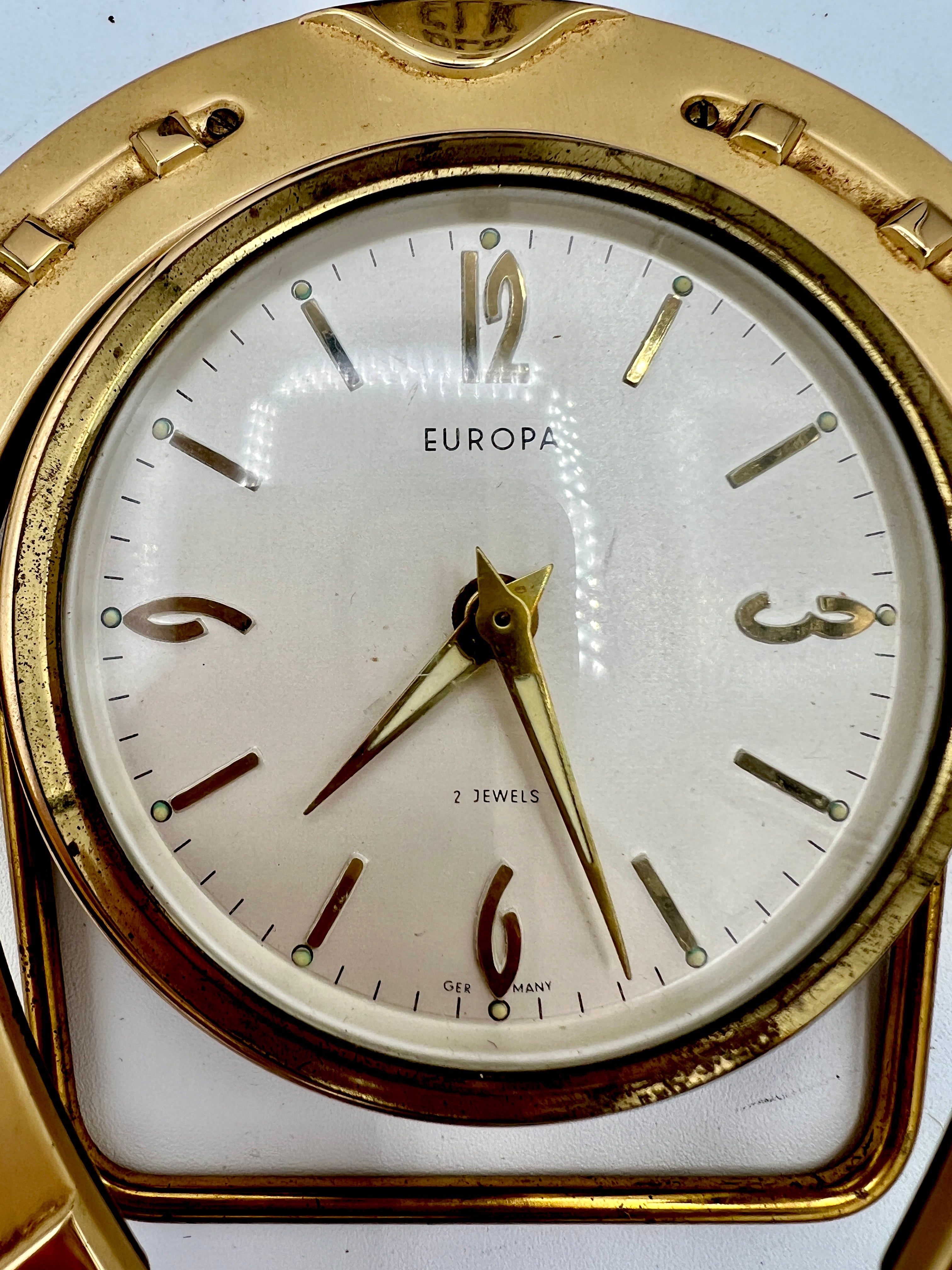 Europa 2 Jewels Vintage Horseshoe Wind-Up Clock w/Alarm from Germany