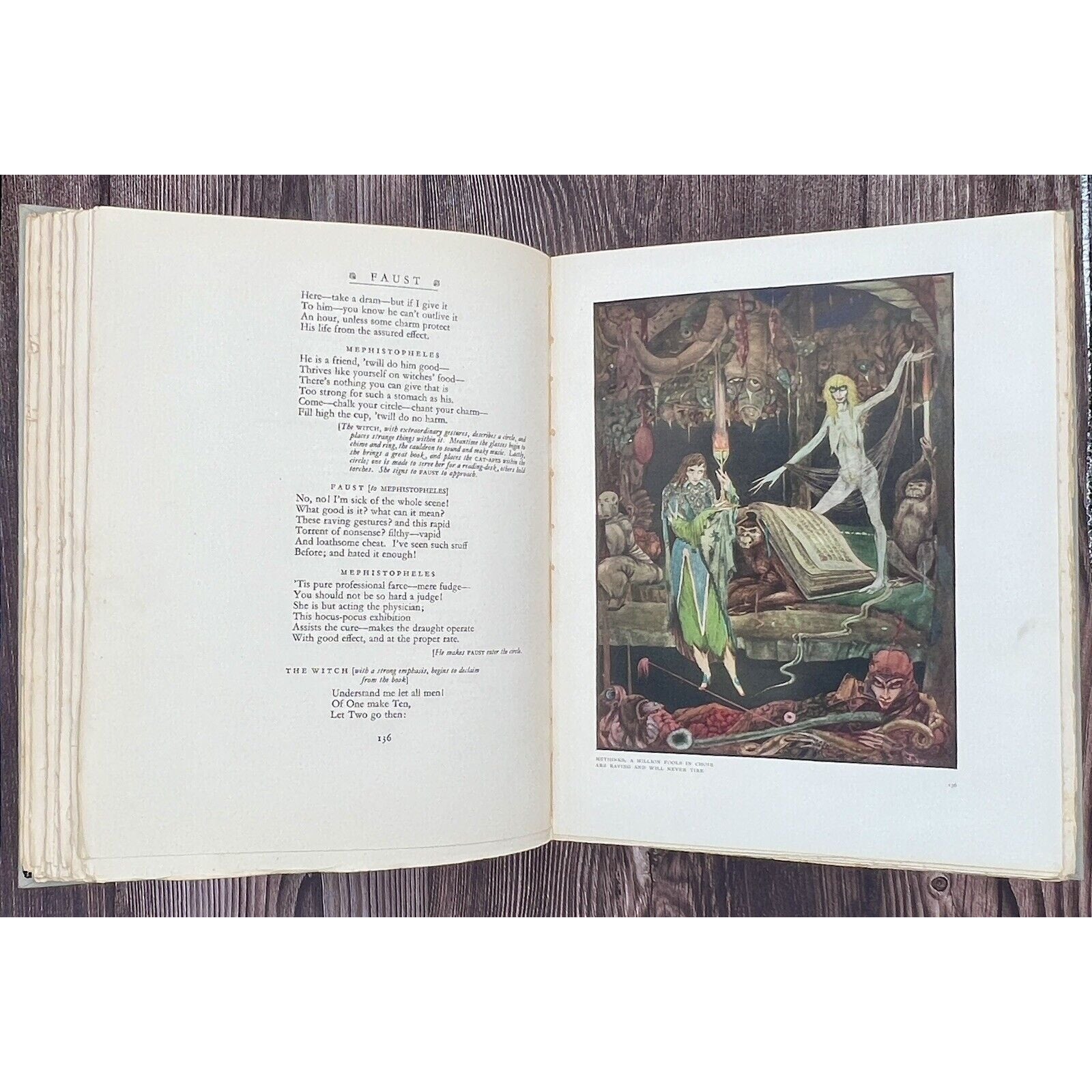 Faust, Goethe, 1925 illustrated edition by Harry Clarke, signed; open spread with Clarke's full-color illustration.