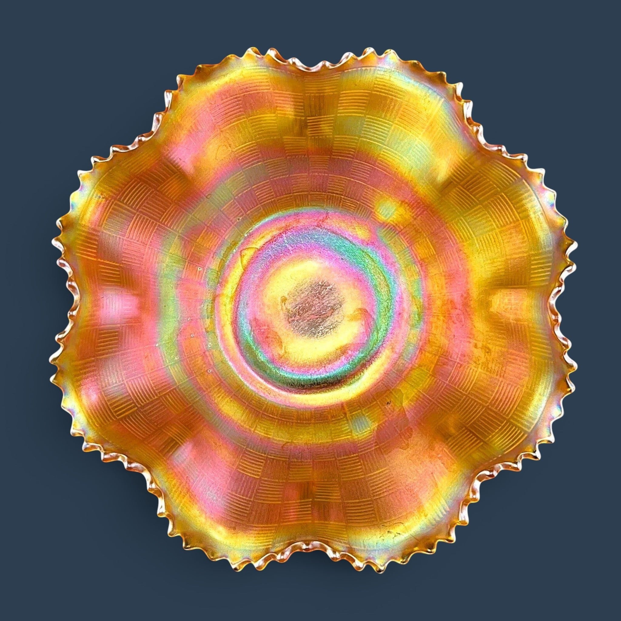 Fenton marigold carnival glass ruffled bowl featuring an iridescent finish and basketweave pattern. - Photo 3