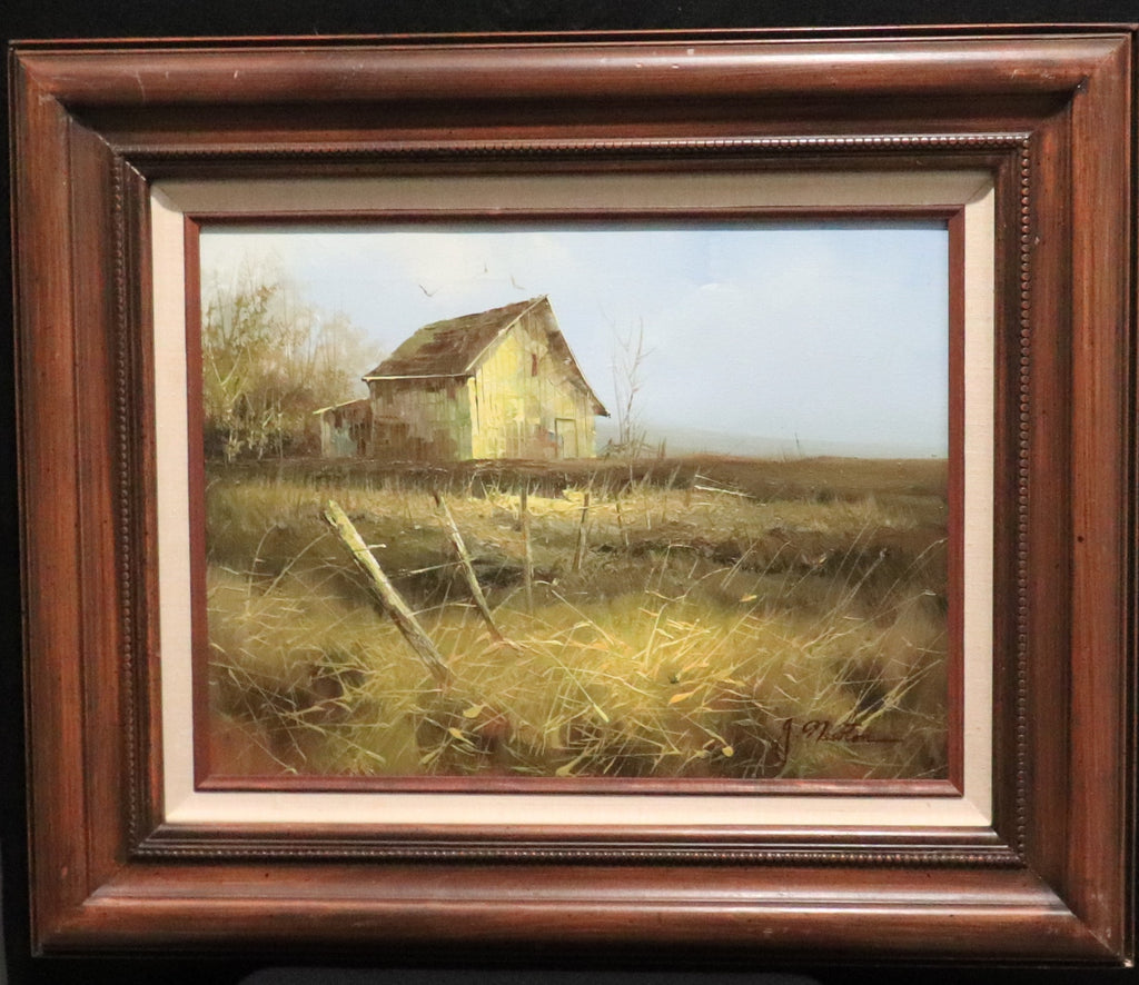 Framed J Newton Signed Barn Landscape 16 x 12 Oil on Canvas Painting