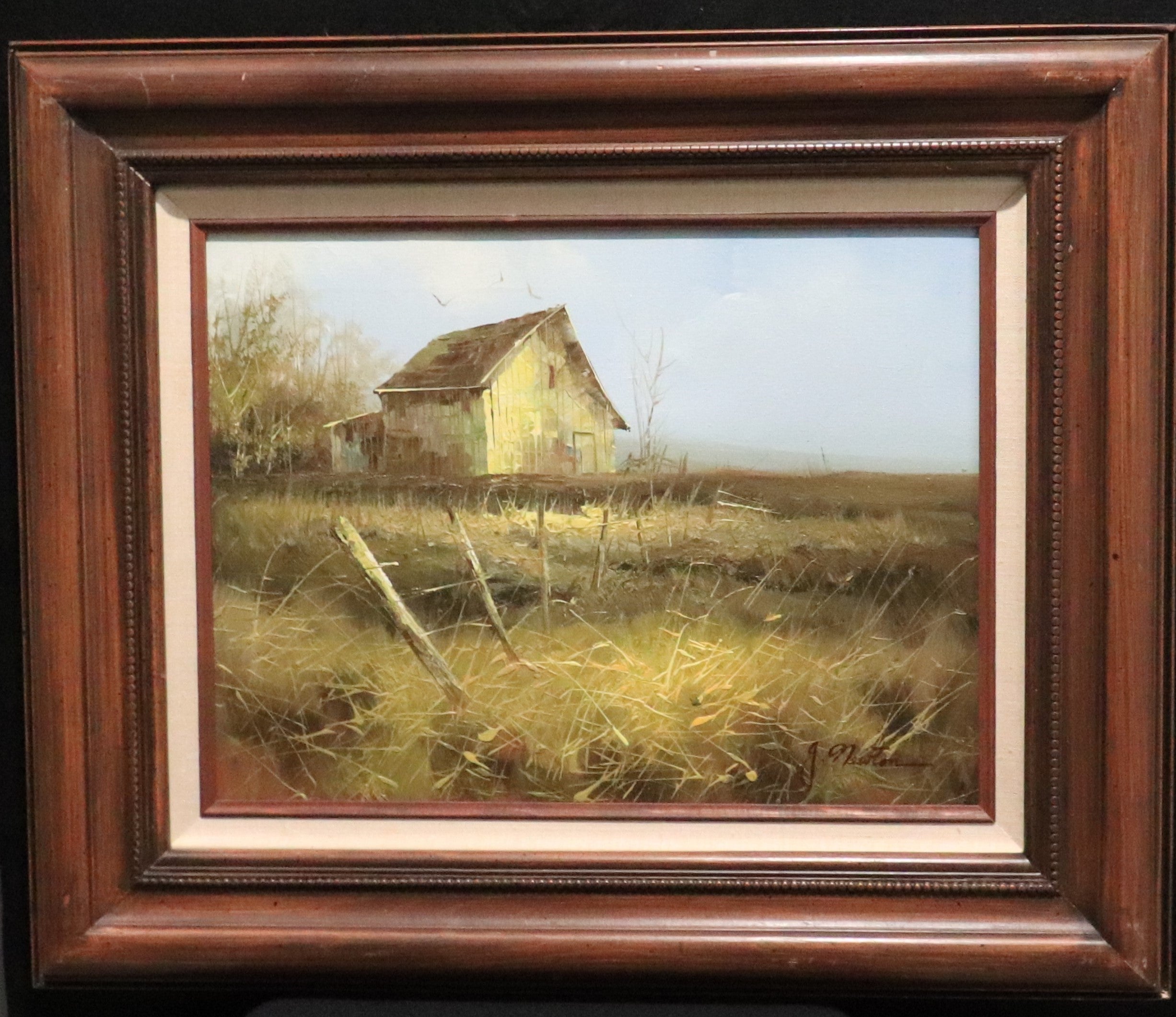 Framed J Newton Signed Barn Landscape 16 x 12 Oil on Canvas Painting