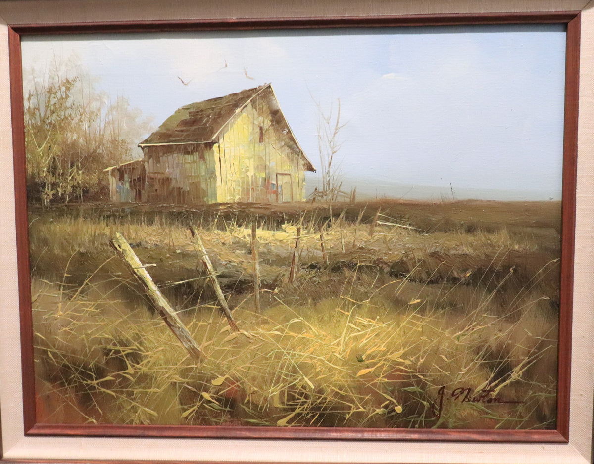 Framed J Newton Signed Barn Landscape 16 x 12 Oil on Canvas Painting