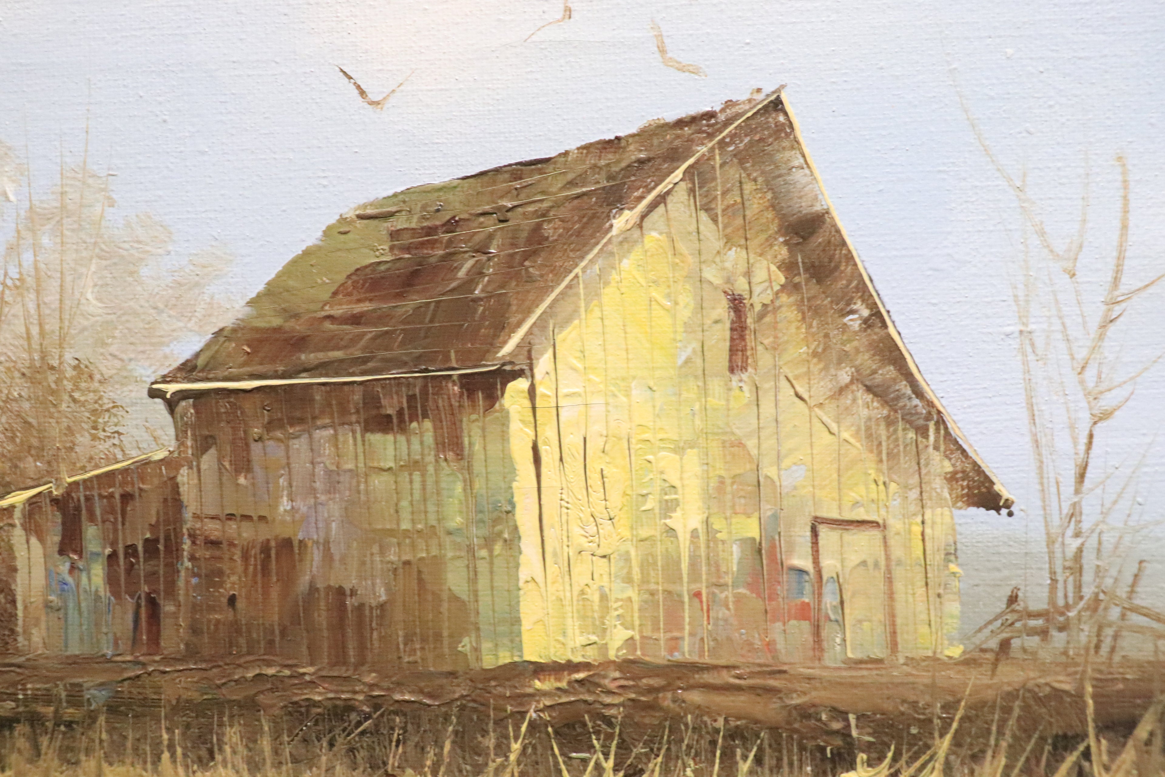 Framed J Newton Signed Barn Landscape 16 x 12 Oil on Canvas Painting
