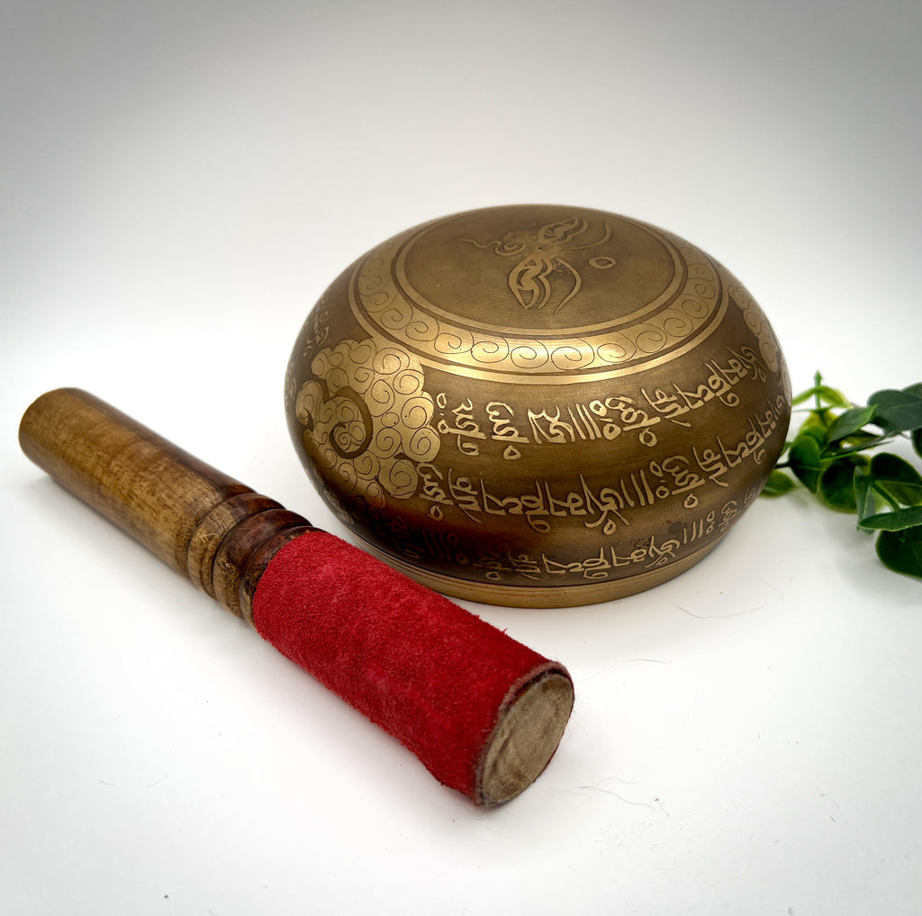 Handcrafted 4.5" Tibetan Singing Bowl with Wooden Mallet and Intricate Engravings