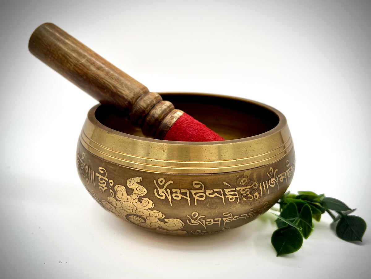 Handcrafted Tibetan 5.5" Bowl with Wooden Mallet and Intricate Engravings