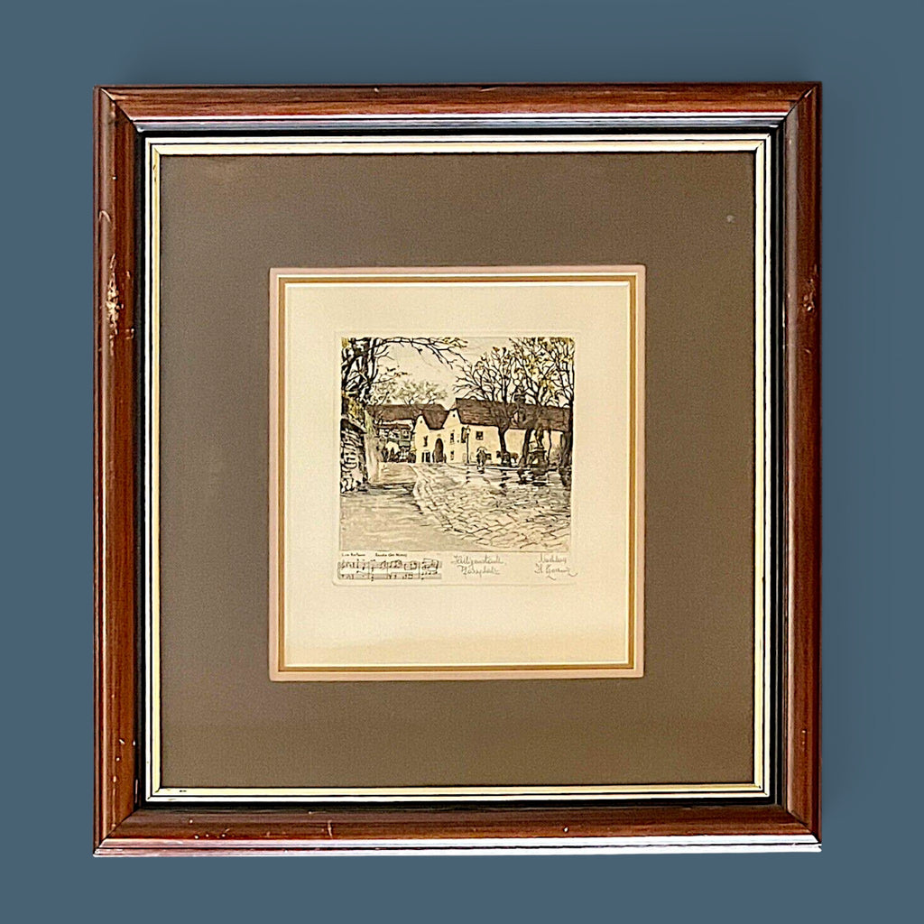 Framed hand-colored copper plate etching of Beethoven's Heiligenstadt Pfarrplatz residence by Herta Czoernig. - Photo 1
