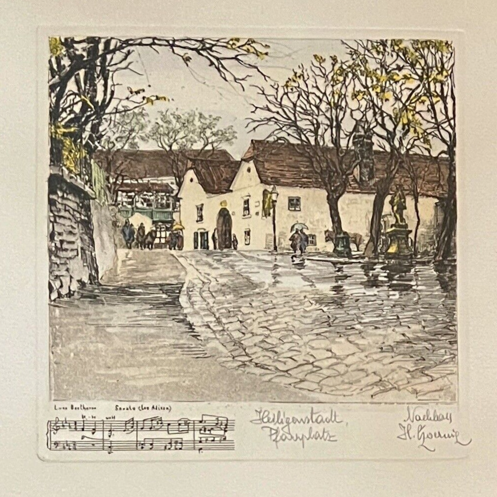Framed hand-colored copper plate etching of Beethoven's Heiligenstadt Pfarrplatz residence by Herta Czoernig. - Photo 2