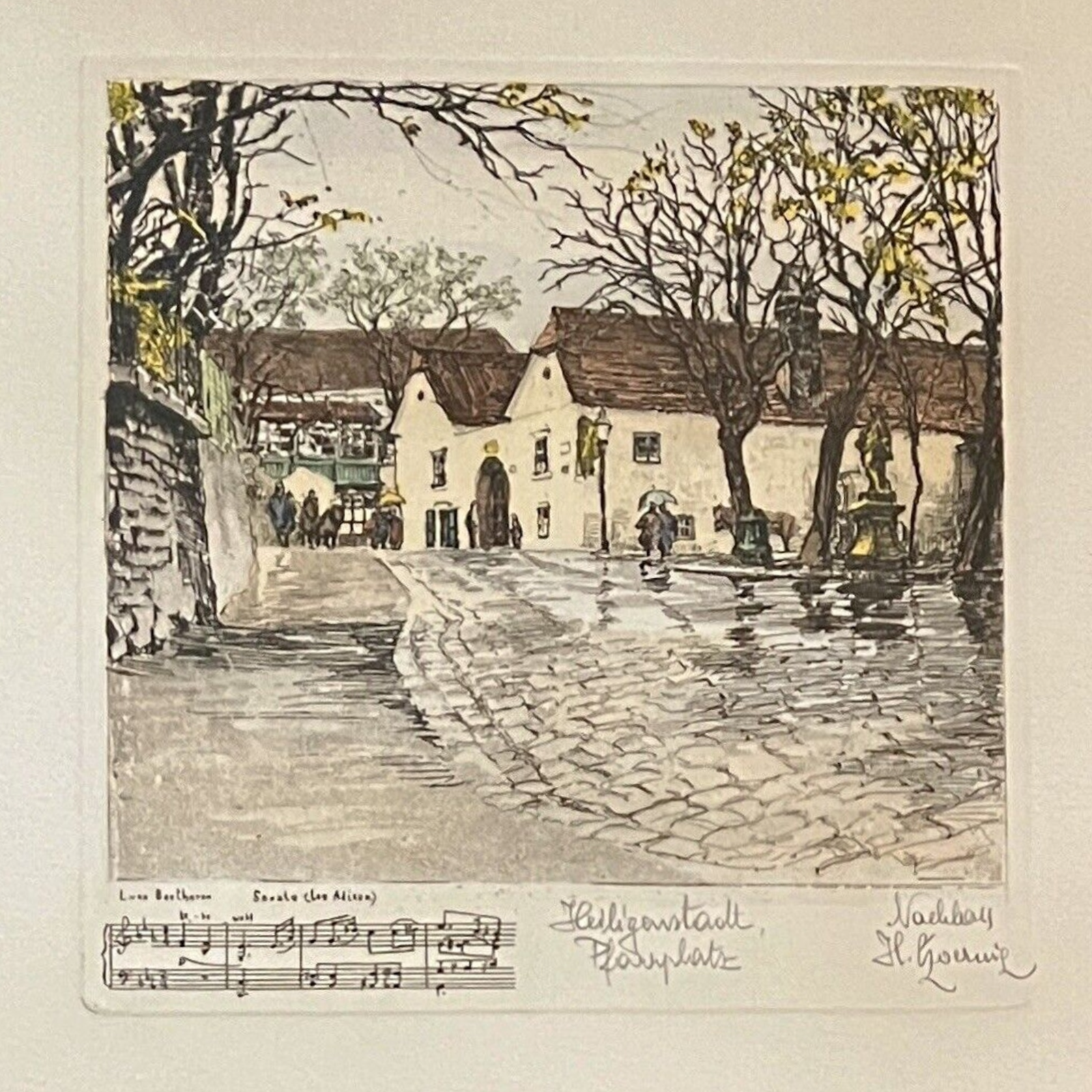 Framed hand-colored copper plate etching of Beethoven's Heiligenstadt Pfarrplatz residence by Herta Czoernig. - Photo 2