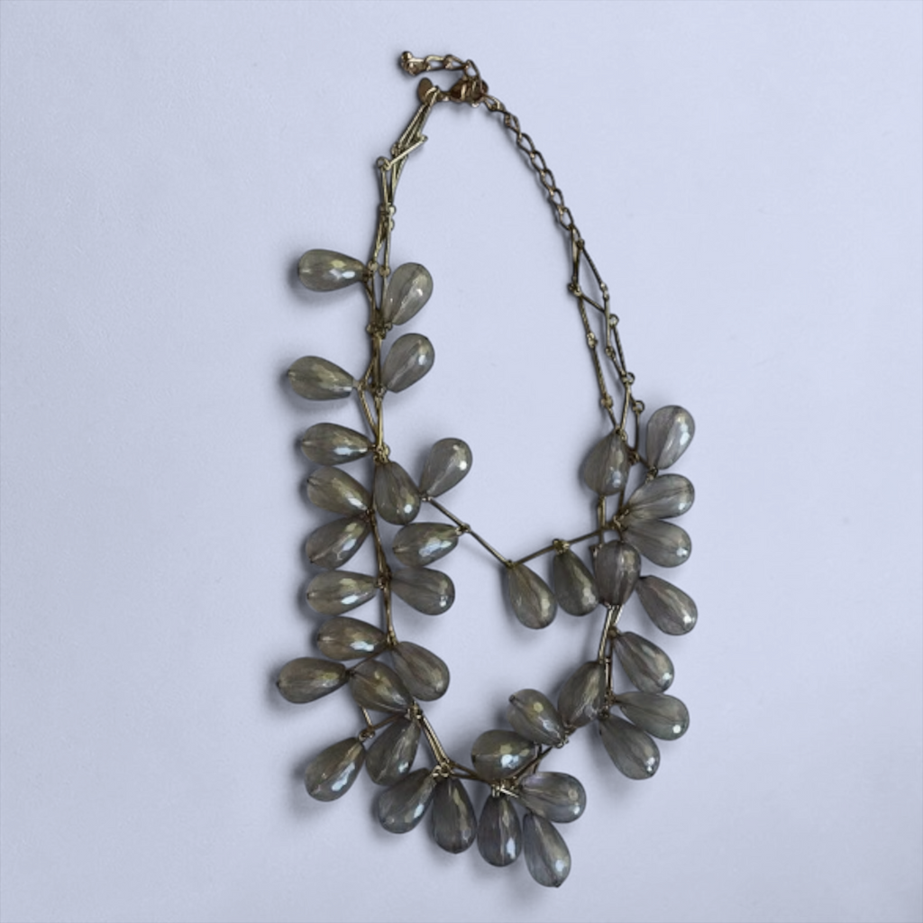 Chico's Gold Tone Rigid Bar Statement Necklace with Gray Faceted Teardrop Beads