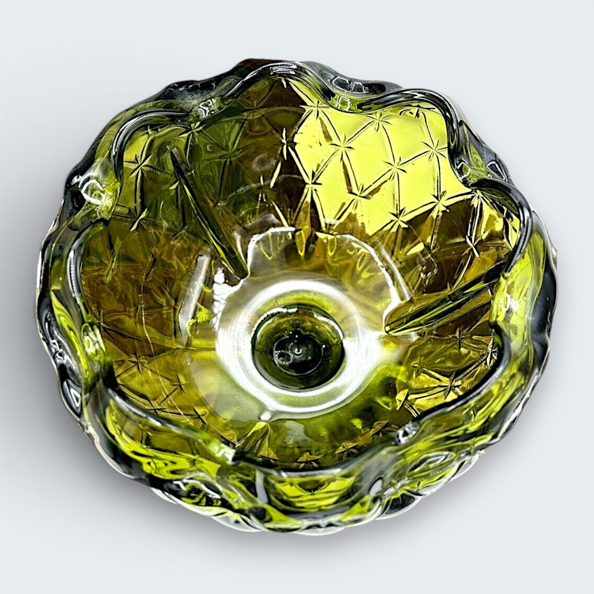 A vintage avocado green pressed glass compote bowl featuring a deeply textured diamond point pattern, a scalloped rim, and a tall, ribbed pedestal base. - Photo 3