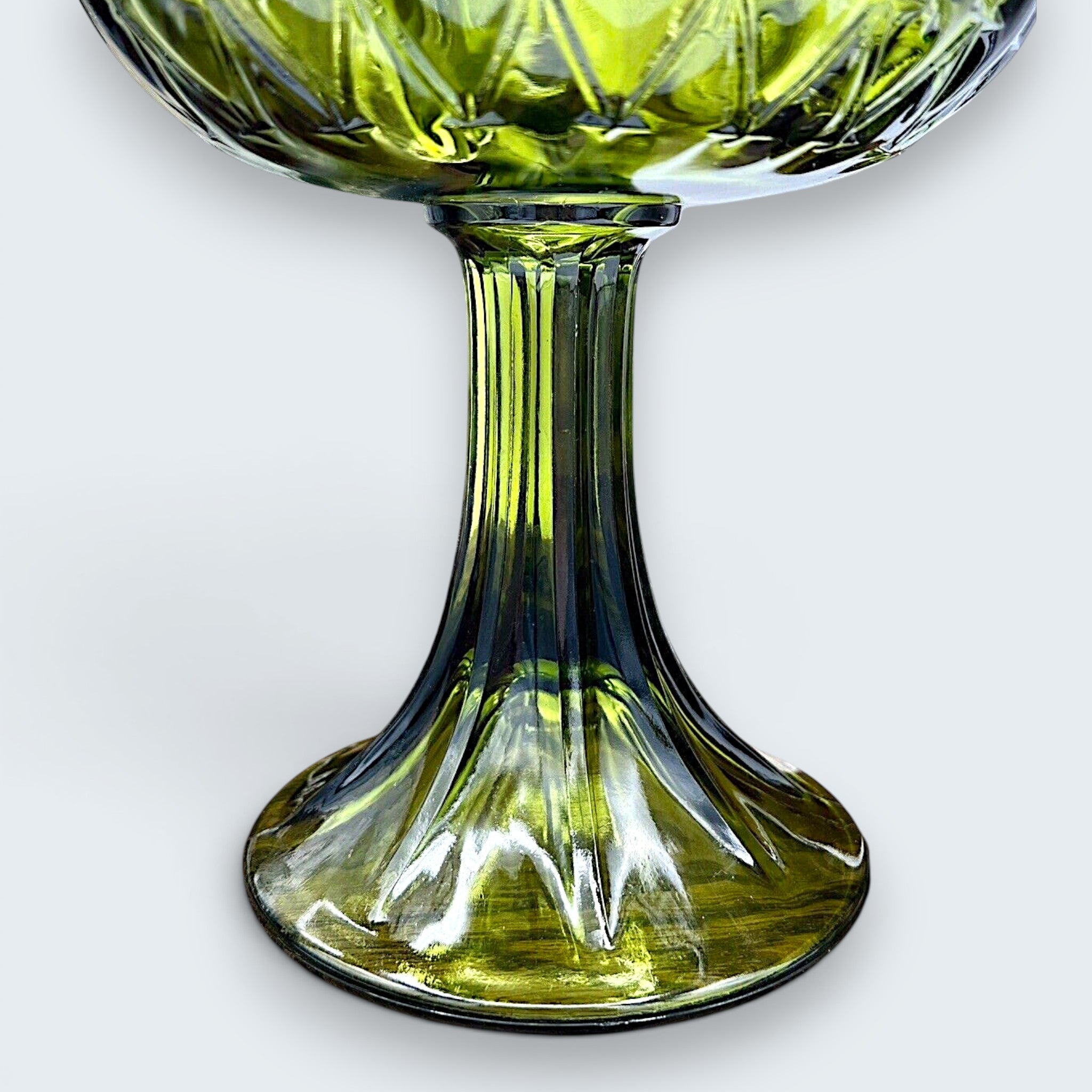 A vintage avocado green pressed glass compote bowl featuring a deeply textured diamond point pattern, a scalloped rim, and a tall, ribbed pedestal base. - Photo 4