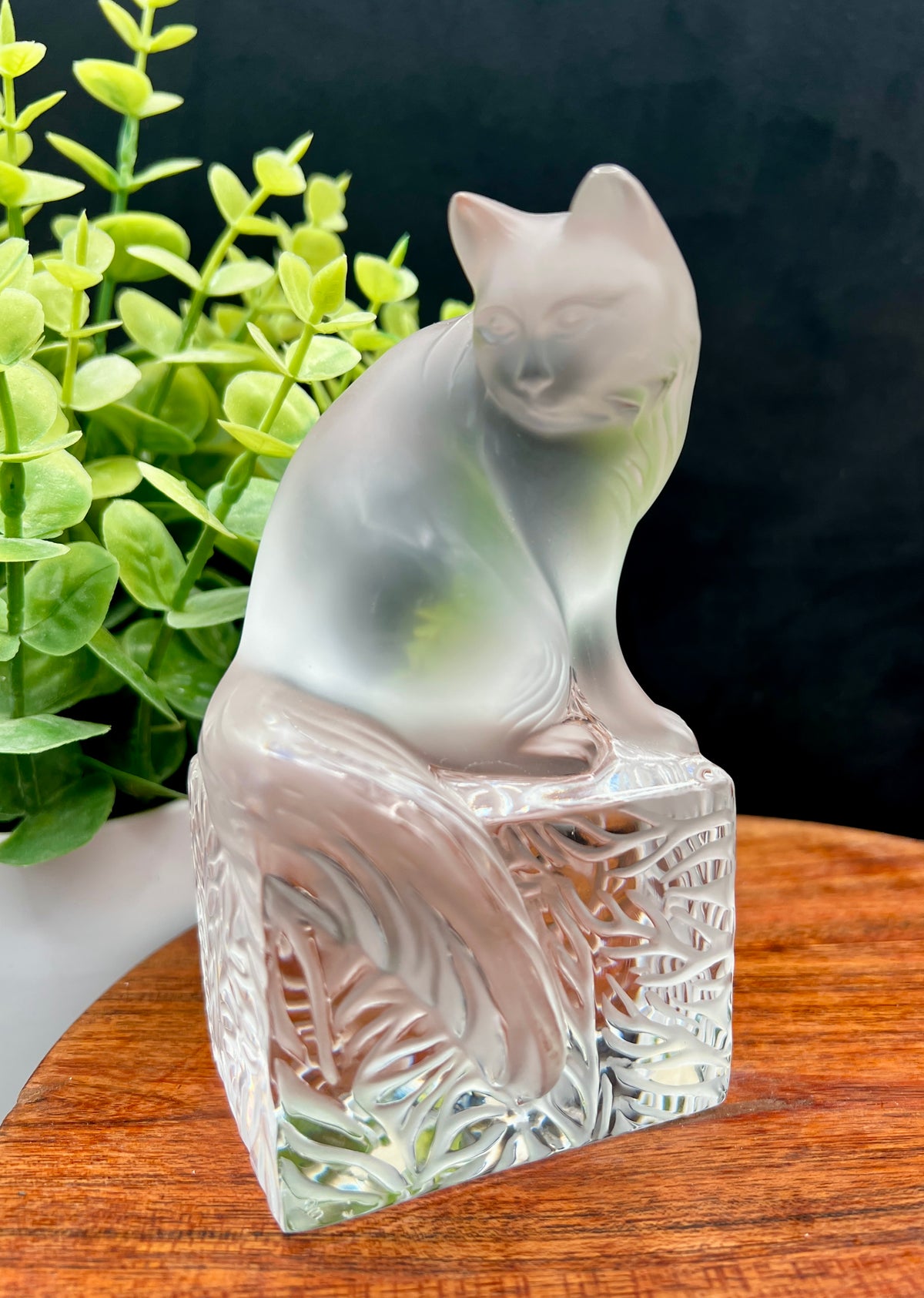 Lalique France Signed Frosted Crystal Cat Figurine on Clear Crystal Base