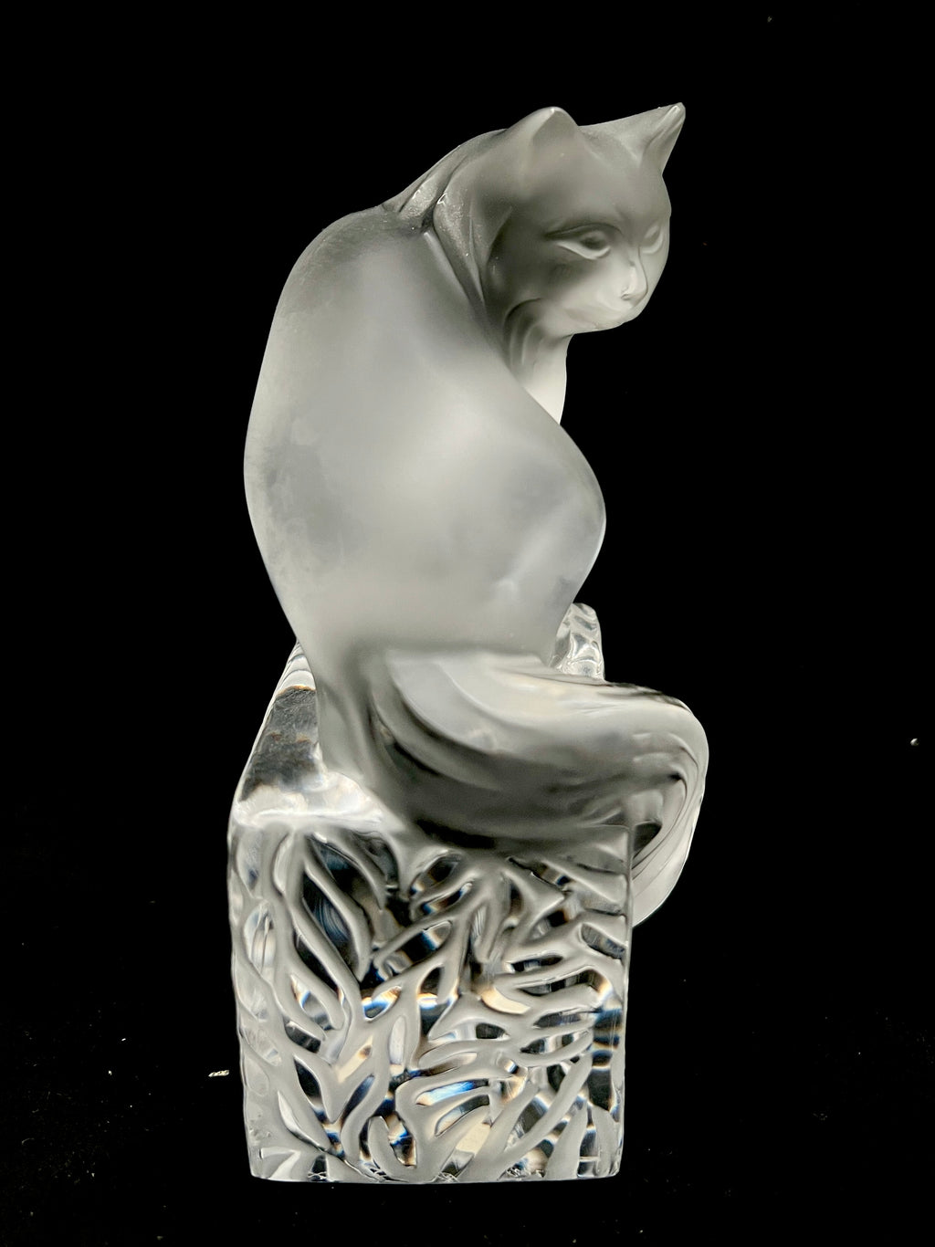 Lalique France Signed Frosted Crystal Cat Figurine on Clear Crystal Base