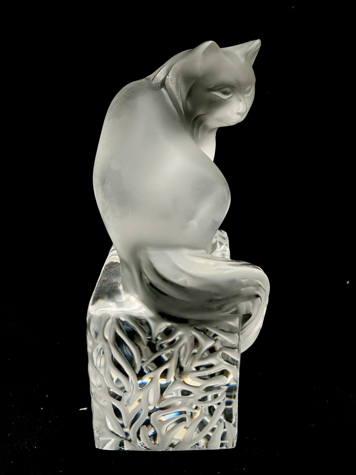Lalique France Signed Frosted Crystal Cat Figurine on Clear Crystal Base