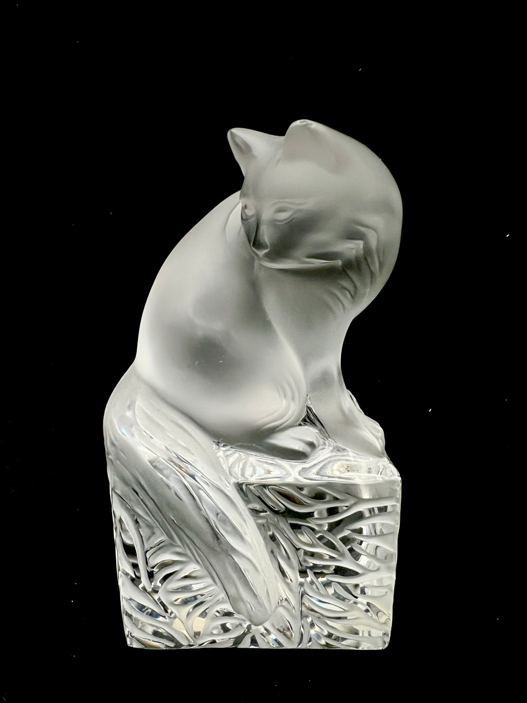 Lalique France Signed Frosted Crystal Cat Figurine on Clear Crystal Base