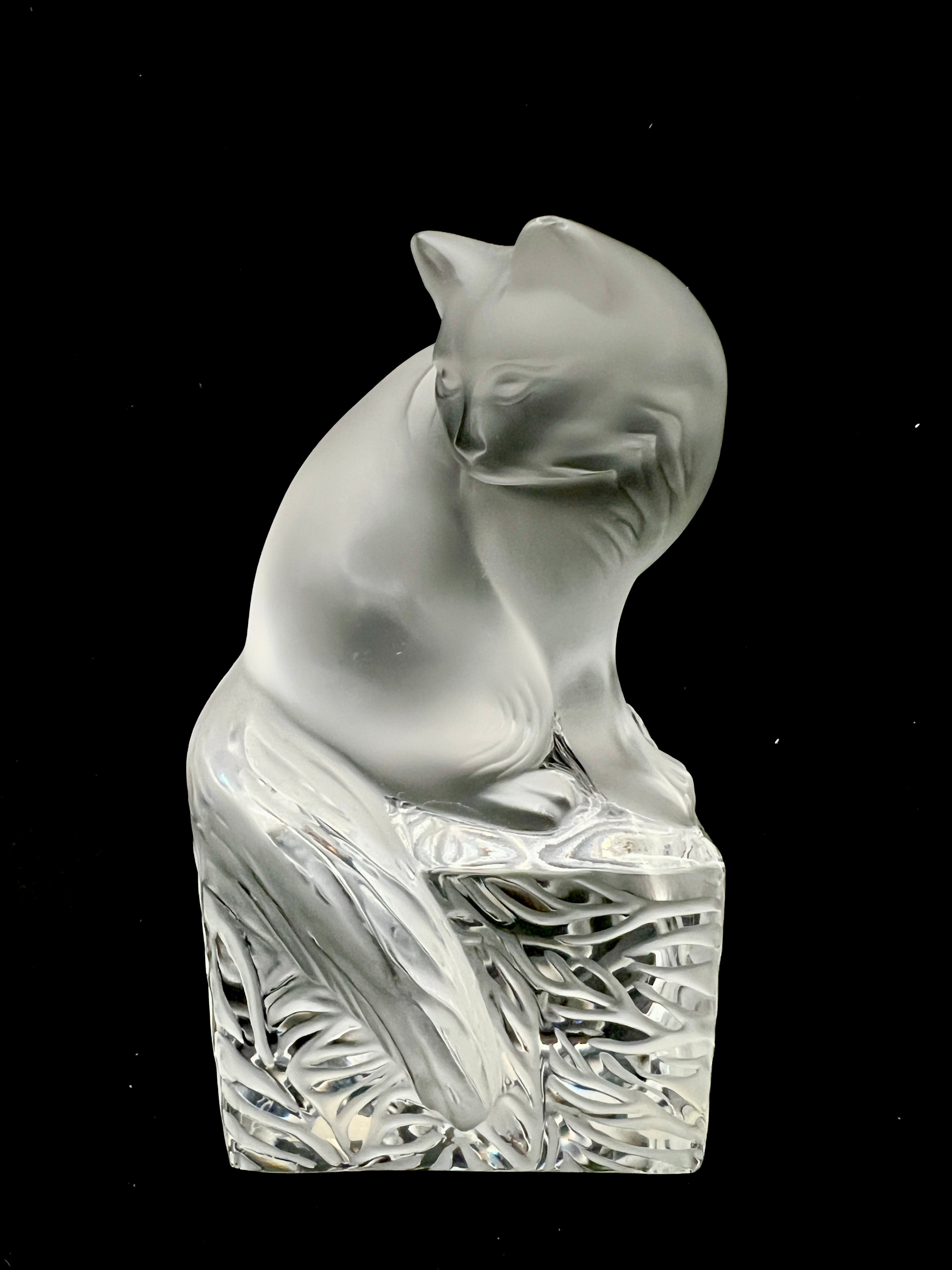 Lalique France Signed Frosted Crystal Cat Figurine on Clear Crystal Base