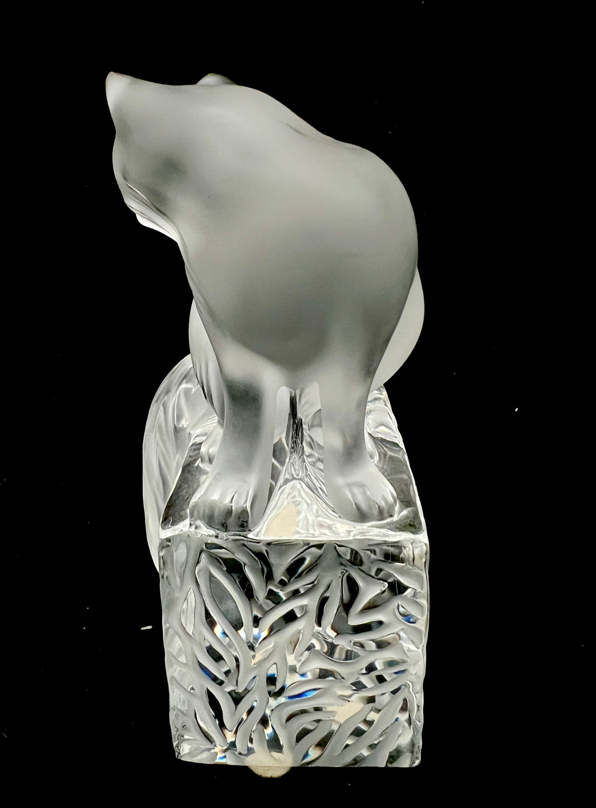 Lalique France Signed Frosted Crystal Cat Figurine on Clear Crystal Base