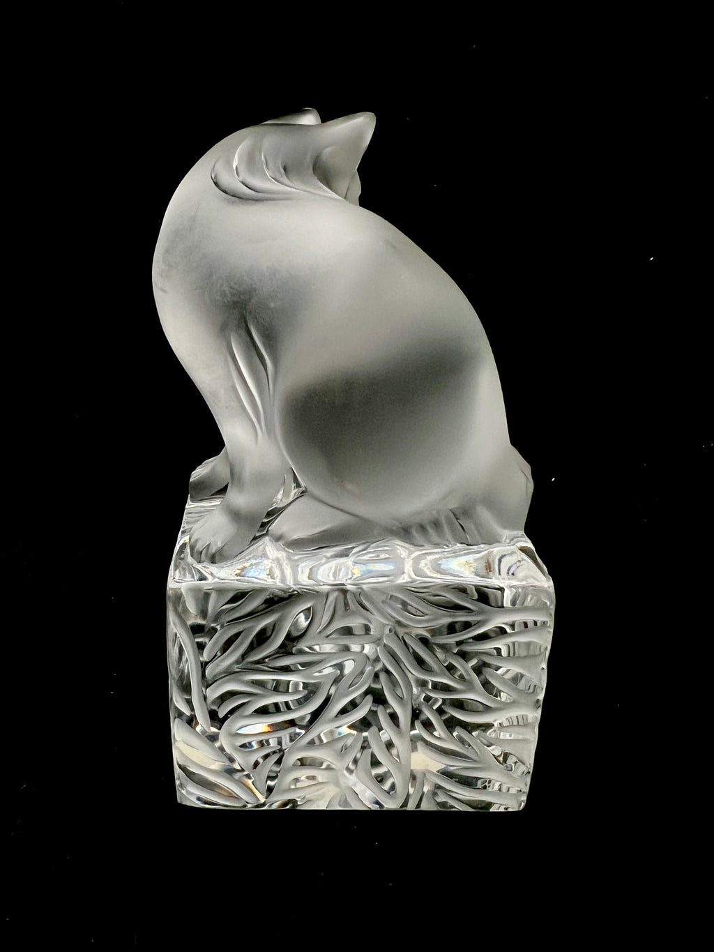 Lalique France Signed Frosted Crystal Cat Figurine on Clear Crystal Base