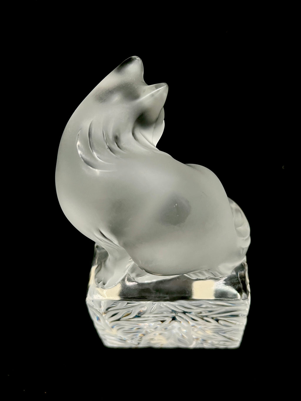 Lalique France Signed Frosted Crystal Cat Figurine on Clear Crystal Base