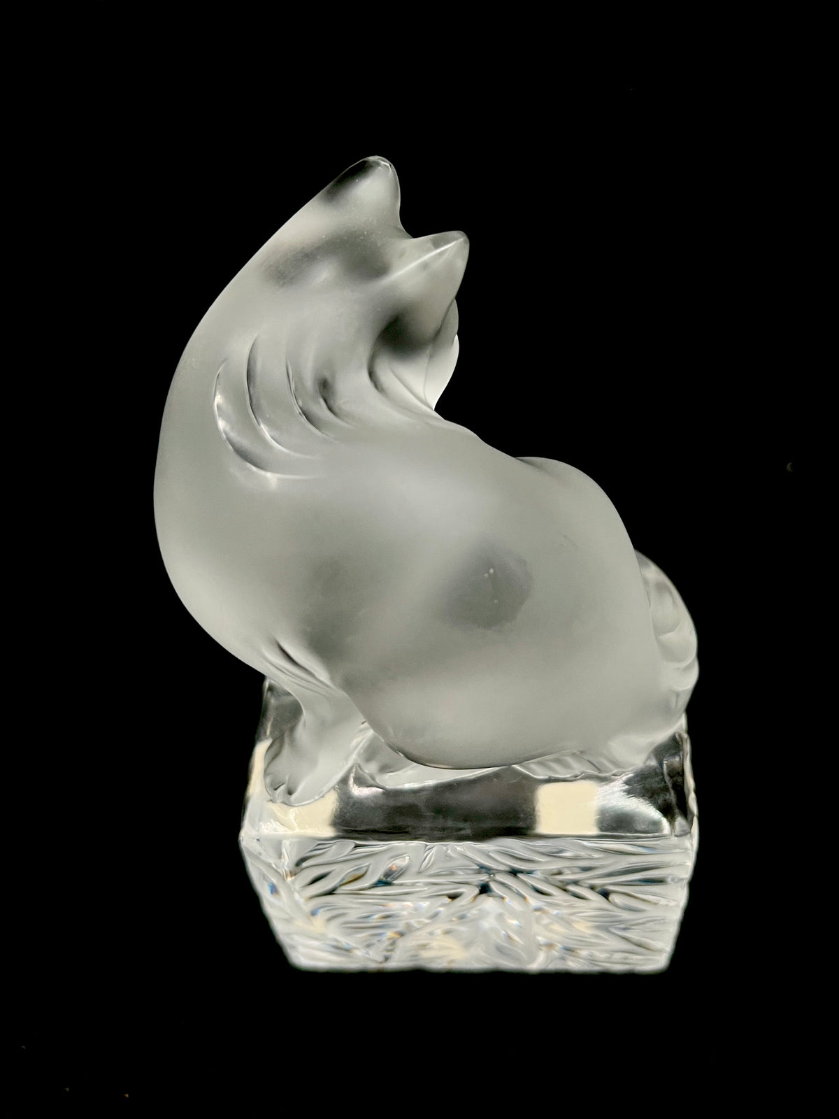 Lalique France Signed Frosted Crystal Cat Figurine on Clear Crystal Base