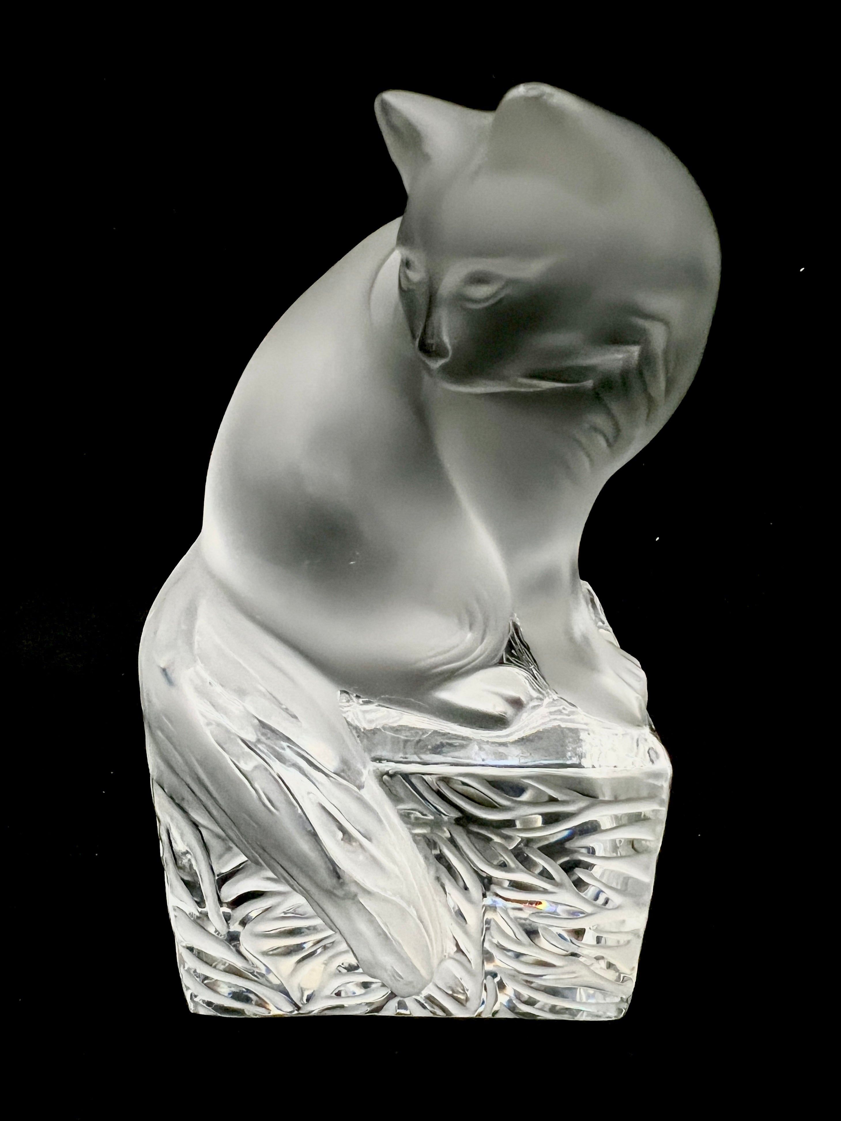 Lalique France Signed Frosted Crystal Cat Figurine on Clear Crystal Base