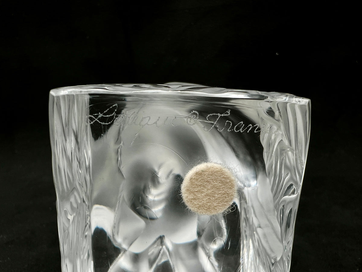 Lalique France Signed Frosted Crystal Cat Figurine on Clear Crystal Base