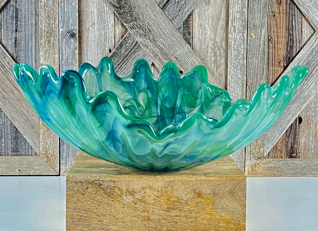 Large 16" Turquoise Blue-Green Swirl Abstract Murano Glass Bowl