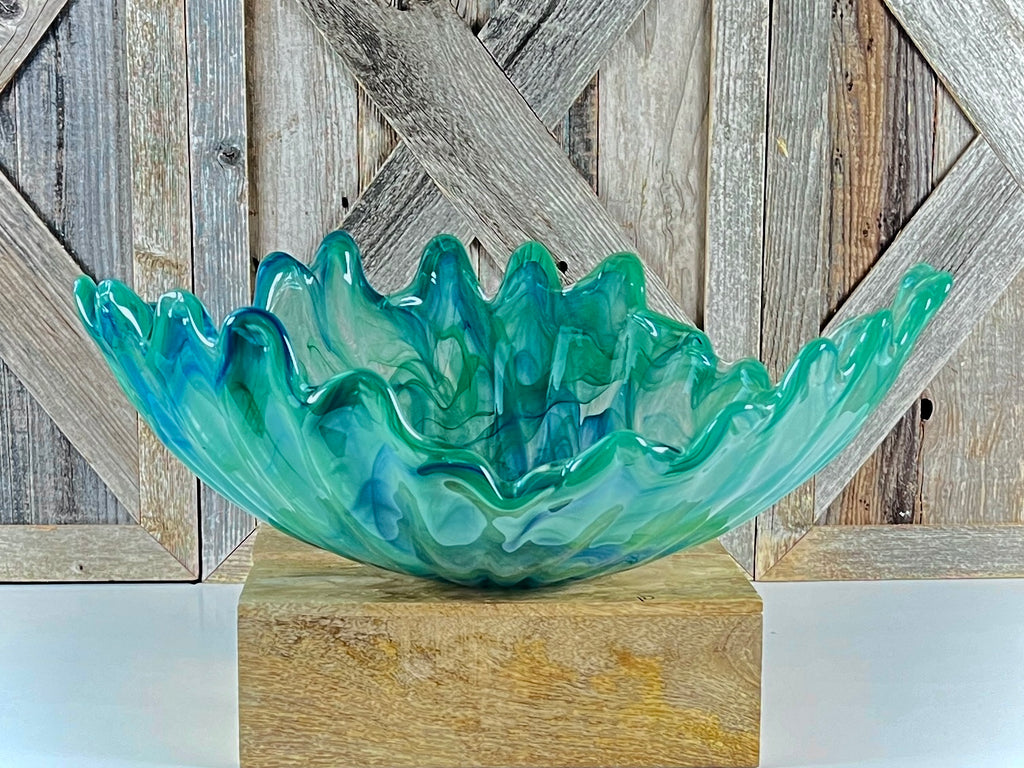 Large 16" Turquoise Blue-Green Swirl Abstract Murano Glass Bowl