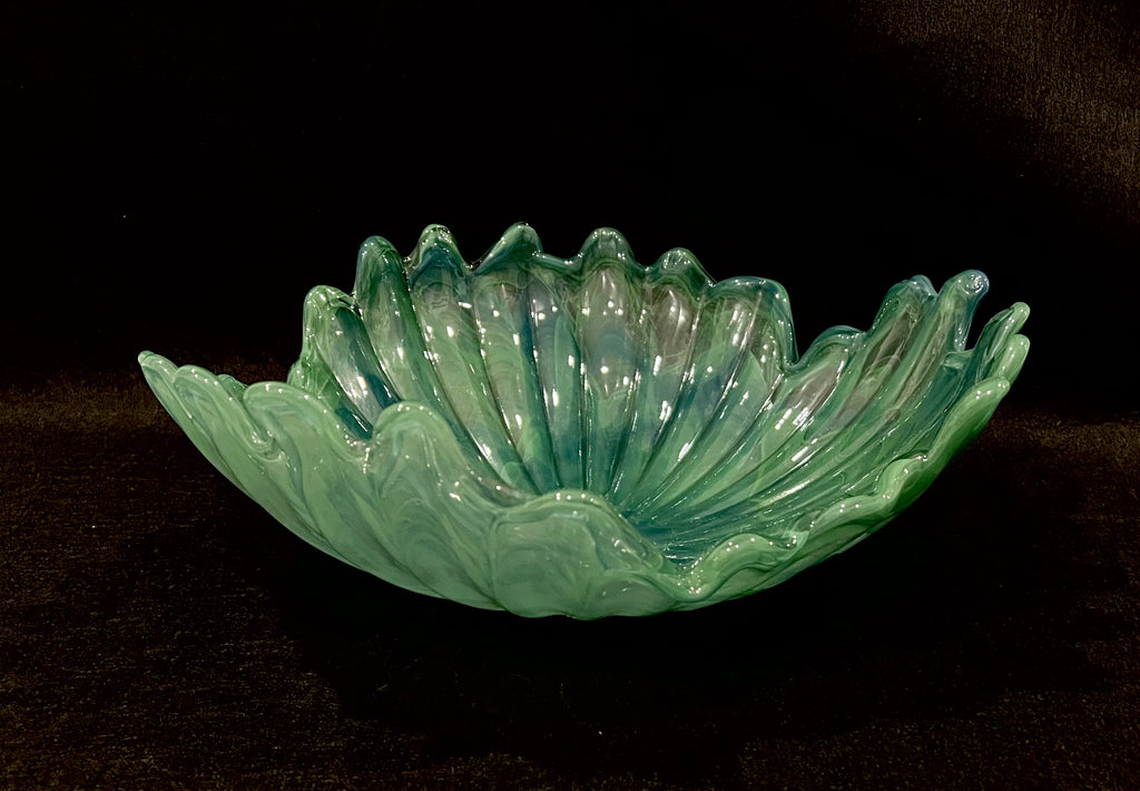 Large 16" Turquoise Blue-Green Swirl Abstract Murano Glass Bowl