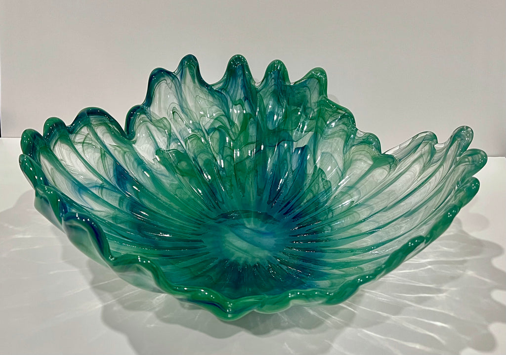 Large 16" Turquoise Blue-Green Swirl Abstract Murano Glass Bowl