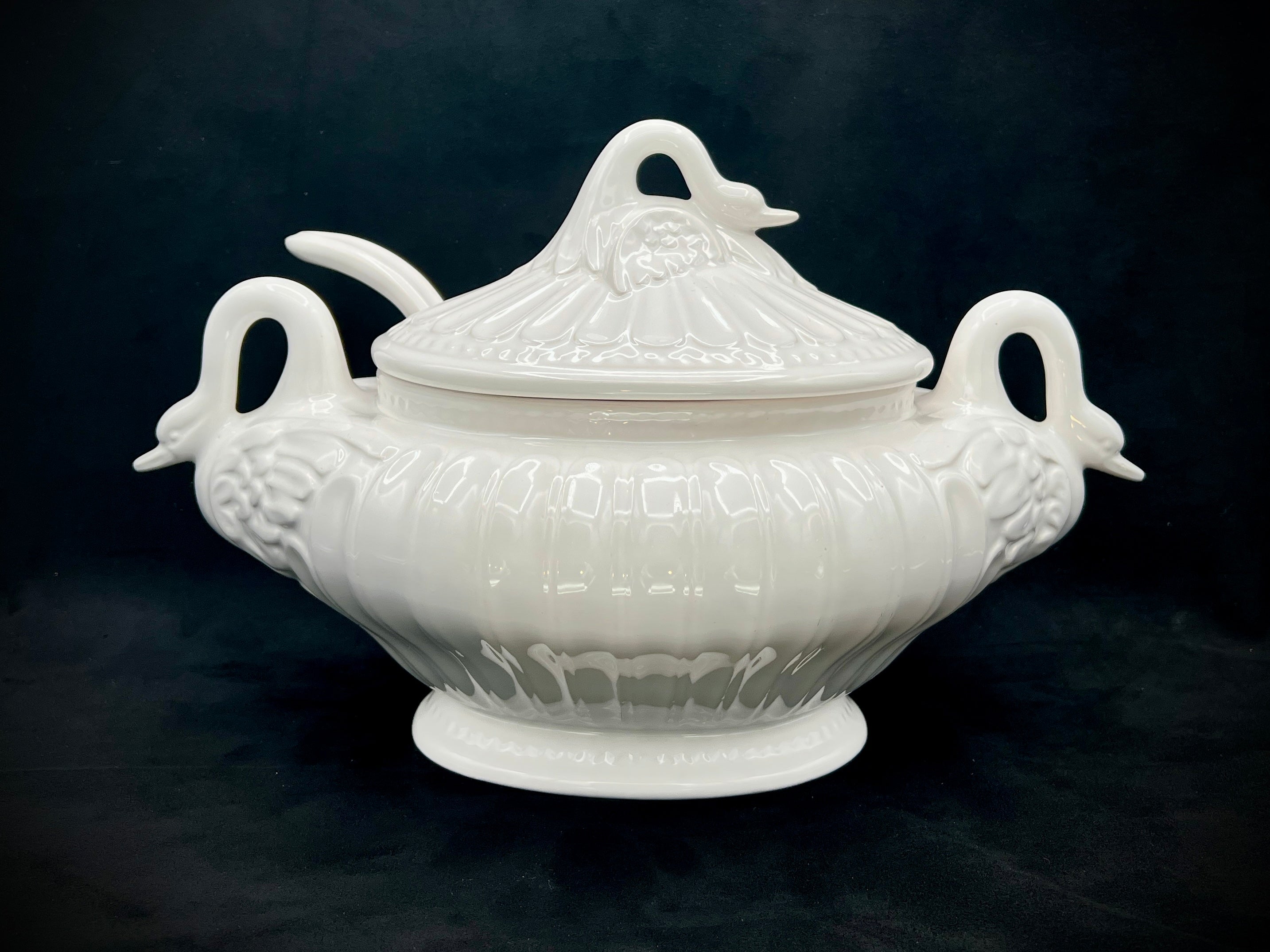 Large Porcelain White Swan Soup Tureen with Ladle