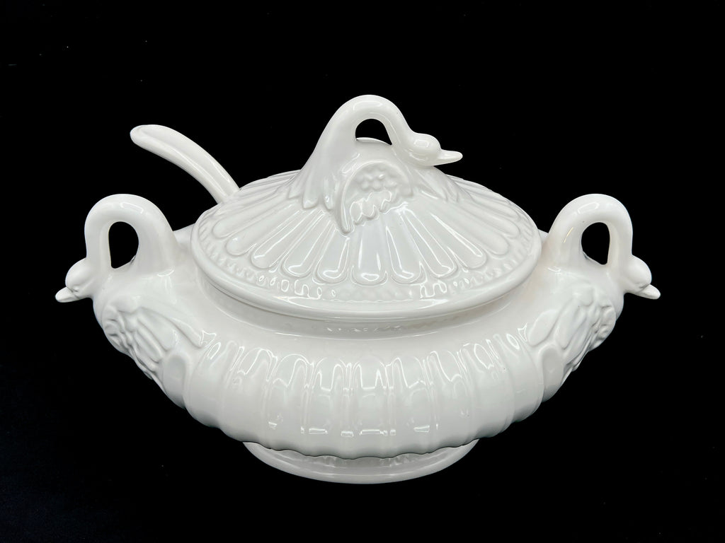 Large Porcelain White Swan Soup Tureen with Ladle